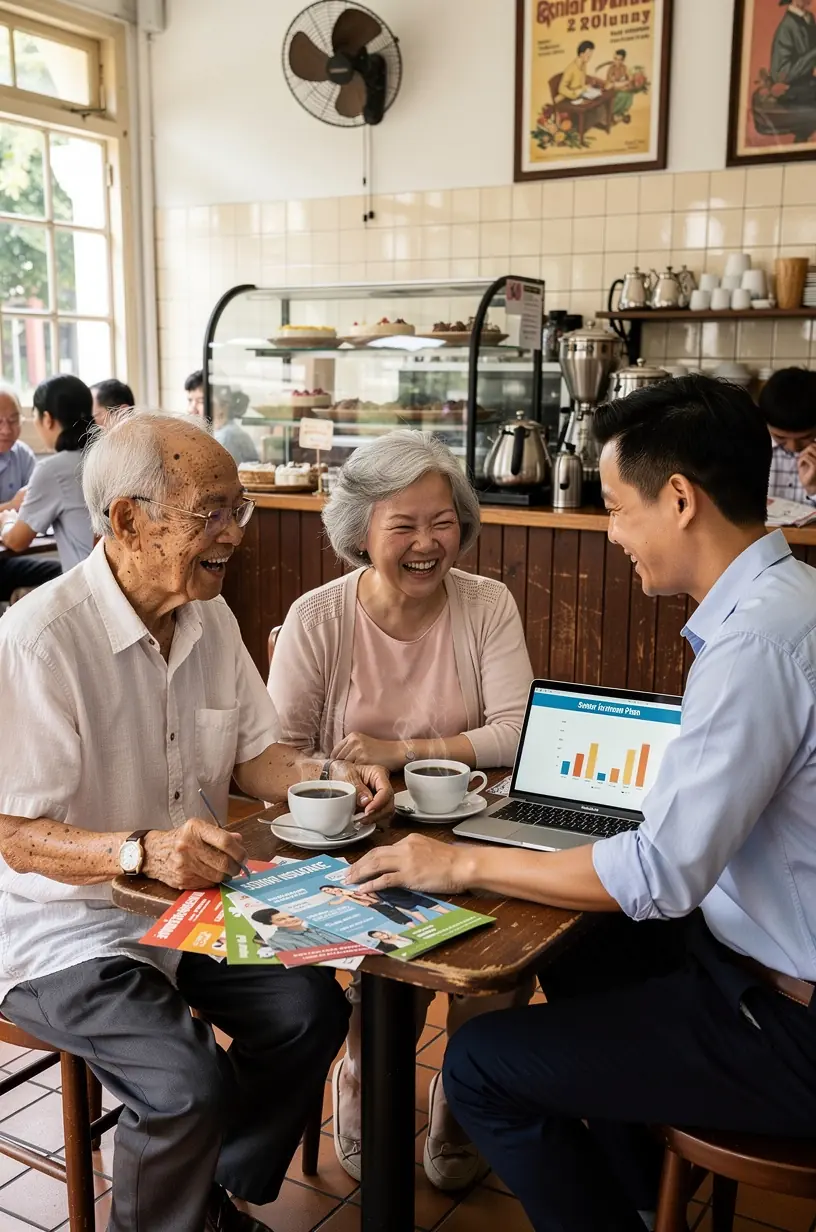 Professional consultant explaining insurance options to an elderly client in a bright office setting.